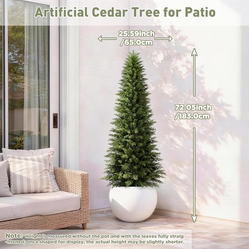 Mavis's Diary 6ft Artificial Cedar Topiary Tree, Set of 1 Realistic Faux Evergreen Shrub Plant in Planter, Indoor Outdoor Fake Cedar Tree for Front Porch, Entryway, Office & Home Decor - Image 6