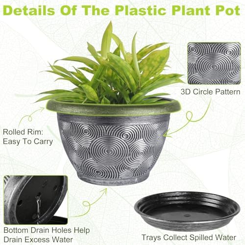12-Inch -Plastic-Pots -For-Plant With Saucer, 4 Pack Outdoor Planters With Drainage Holes, Decorative Flower Pots For Indoor Plants, Modern 3D Swirl Silver Large Plant Pots With With Removable Tray - Image 4
