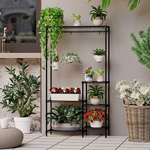 Xiofio Plant Stands for for Indoor Outdoor, Heavy Duty Metal Plant Stand,large Plant Shelf,Adjustable Plant Shelves With Hanging Rod for Living Room,Balcony,Garden,Black - Image 4