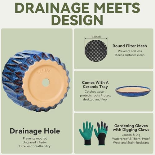 10 Inch Ceramic Planter Pot with Saucer Drainage Leak-Proof Mesh,Flower Pots for Indoor Plants with Gardening Gloves,Ceramic Planter(Peacock-Blue) - Image 4
