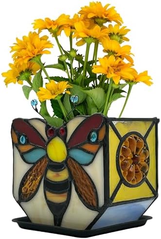 Stained Glass Bee Planter, Plant Pots with Drainage,Cute Flower Pots,Bee Gifts for Women4.6x3x5.15 Inches by Entlityful