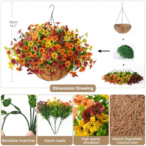 Artificial Fall Hanging Flowers Basket, UV Resistant Mums for Outdoors - Image 2