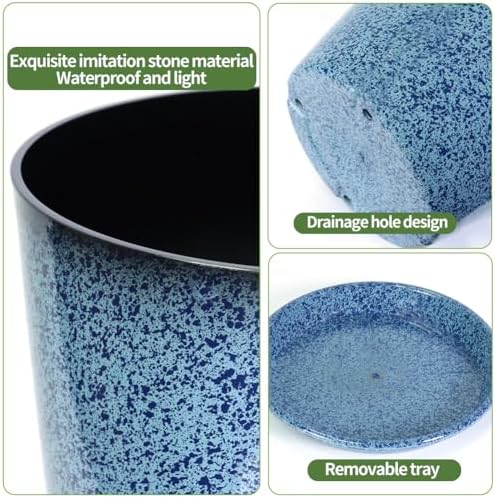 2 Pcs Pack 21 Inches Plastic Resin Tall Tapered Planter Pots Large Round Planter Flower Pot with Drainage Holes for Indoor Outdoor Deck Porch Garden Home Patio Front Door (Blue, L) - Image 5