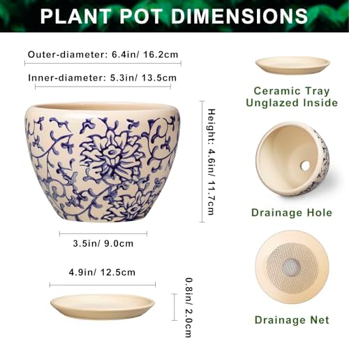 6 Inch Plant Pot, Ceramic Planters for Snake Plants, Retro Blue - Image 2