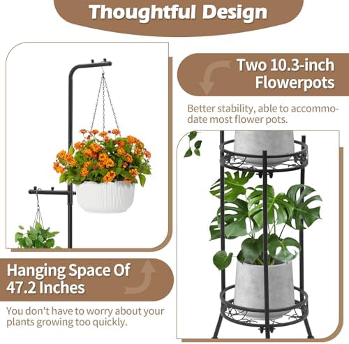 CZWL&HG Hanging Plant Stand Adjustable 2-Tier 72" Metal Shelf -Tall Indoor/Outdoor Plant Rack with Hangers for 4 Potted Flowers, Corner Shelf for Living Room & Patio (White) - Image 5
