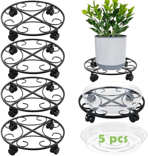 12" Metal Plant Caddy with Wheels 5 Packs Rolling Plant Stands Indoor Wheeled Plant Dolly Heavy-duty Pot Mover Roller Base Outdoor Plant Trolley Cart with Brake Casters Water-proof Dust-proof, Black by Unknown
