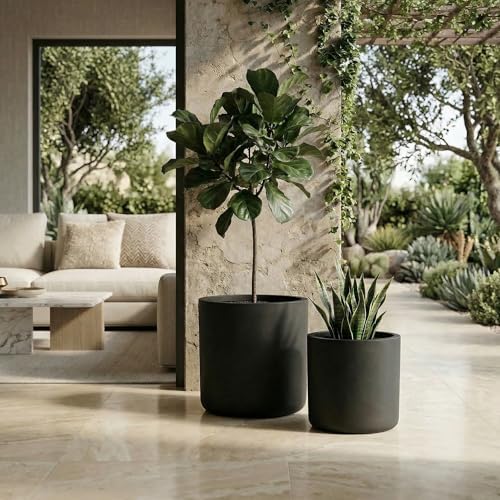 13" Round Concrete Planter Set, 13 and 16 Inch, Black - Image 2