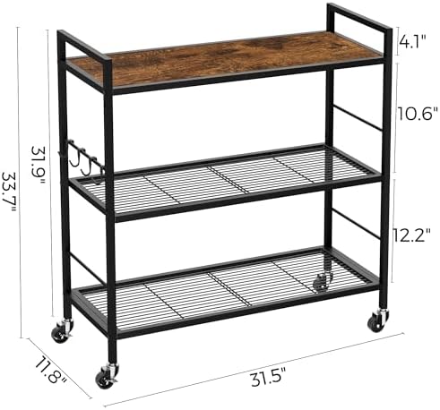 3-Tier Metal Storage Rack with Industrial Wheels,Mesh Shelving Unit with Wooden Table top,Adjustable Shelf,31.5-Inch Width, for Kitchen, Laundry,Pantry,Plant,Black - Image 7