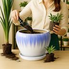 Deep Dream 10 Inch Plant Pot- Ceramic Planter Pot Round Plant Pots for Indoor Plants Outdoor Large Flower Pot with Drainage Holes & Trays, White&Blue - Image 6