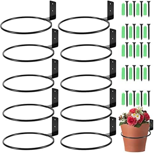 10 PCS 5 Inches Flower Pot Holder Ring, Wall Mounted Wall Plant Hanger, Collapsible Metal Wall Planter Holder for Indoor and Outdoor Plant Pots, Black by MAHIONGHOME