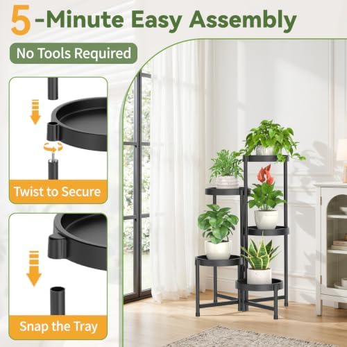 LASZOLA 5 Tiered Plant Stand Indoor with Grow Lights, Corner Folding Tall Flower Display Rack with Plastic Tray, Modern Plant Holder Shelf for Outdoor Patio Porch Garden Office Living Room, Black - Image 4