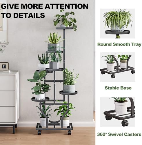 Plant Stand with Wheels, Black 6 Tier Metal Plant Shelf for Indoor Outdoor - Image 4