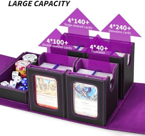 Commander Deck Box for MTG, Trading Card Storage Box Holds 400+ Double-Sleeved Cards, 5 IN 1 Removable Card Case with Dice Tray, Display Window with Magnetic Card Holders for TCG/CCG (Black Purple) - Image 3