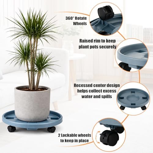 5-pack 14.2" Large Plant Caddy with Wheels Plastic Plant Dolly with Locking Caster Flower Pot Mover Rollers Wheeled Rolling Plant Stands Round Plant Saucer on Wheels Indoor Outdoor Base Coasters Gray - Image 2