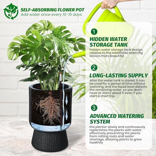 Takywep 14.2" Tall Planters Set of 2 – Self Watering Plant Pots with Drainage & Water Level Indicator, Indoor Planters for Living Room, Home Office, Patio, Porch-Black - Image 5