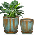 Oairse Ceramic Pots for Indoor Plants, 4.9 + 5.7 Inch Set of 2 Bluish Grey With Drainage Holes and Saucers, Texture Planters for Succulent, Indoor Outdoor Flower by Oairse