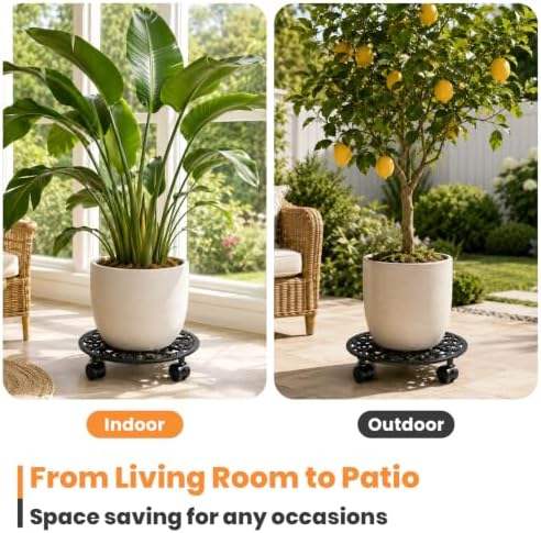 13.5 Inch Plant Caddy with Wheels Heavy Duty Cast Iron Plant Stand with Wheels, Metal Plant Dolly with Locking Wheels, Flower Pot Mover for Heavy Pots, Indoor Outdoor Rolling Planter Stand, 1 Pack - Image 6