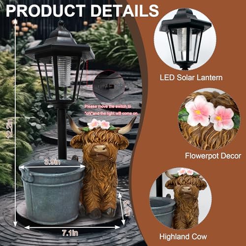 Highland Cow Statues Outdoor Solar Sculptures with Solar Lights and Flowerpot Funny Garden Decor Animal Figurines Resin Outdoor Statues for Patio Yard Lawn Balcony Grandma Mom Gifts - Image 2