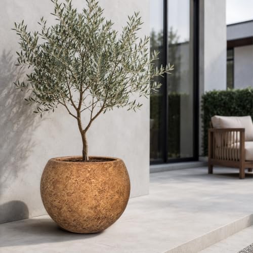 13.5" H x 17"Dia Brown Fiberstone Planter Pot with Drainage Hole, Large Round Handcrafted Decorative Flower Pot for Indoor Outdoor Plants, Rustic Stone-Look Planter for Patio, Porch, Garden&Home Décor - Image 5