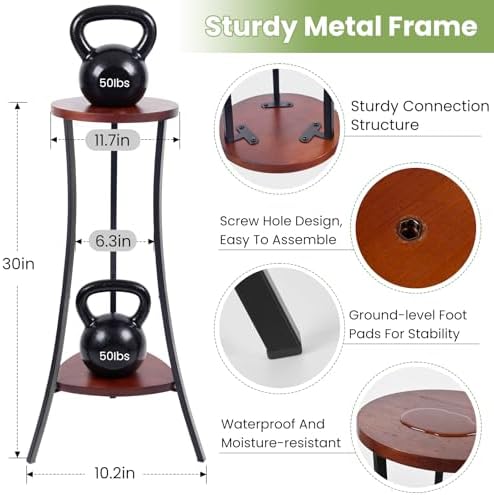 2 Tier Tall Plant Stand Indoor, Round Wooden Shelf, Walnut Black - Image 2