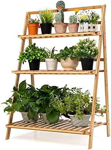 Folding 3-Tier Bamboo Ladder Plant Stand, Indoor & Outdoor Flower Pot Organizer Holder w/ Stable Frame, Plant Shelf Display Rack for Balcony, Patio, Garden, Living Room by BUYNOW