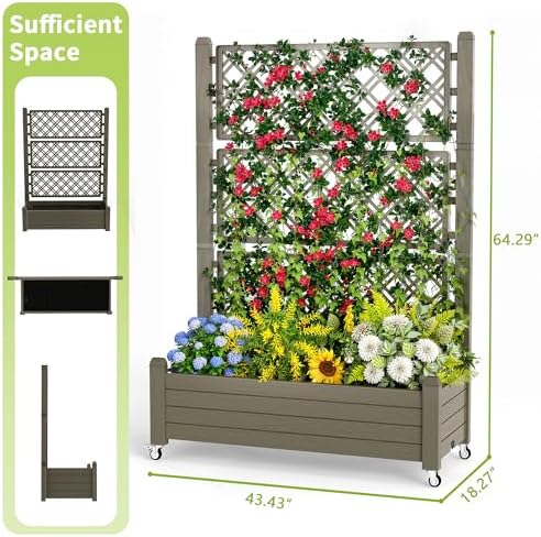 PatioZen Raised Garden Bed with Trellis, 21 Gallon Self Watering Planter Box with Lockable Wheels & Drainage Holes for Climbing Plants Vegetables Flowers, Anti-Rust Resin for Backyard Patio (Grey) - Image 2