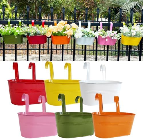 6 Pack 12" Colorful Metal Railing Planters with Hooks for Outdoor Fence by JOYFERNAL
