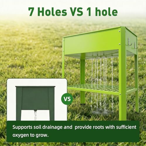 Green Elevated Metal Raised Garden Bed with Legs, Outdoor Raised Planter Box, 7.9" Deep Q235 Steel Raised Planter with Drainage, 2 Hooks & Bottom Storage Shelf for Patio, Yard, Herbs, Vegetables - Image 4