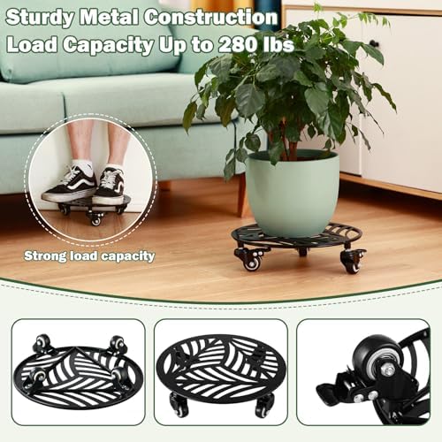 1 Pack Large Metal Plant Caddy with Wheels 13.6 Inches Heavy-Duty Wrought Iron Rolling Plant Stand with Casters Indoor Outdoor Plant Roller Base Planter Movers Plant Dolly Coaster Trolley Black - Image 5