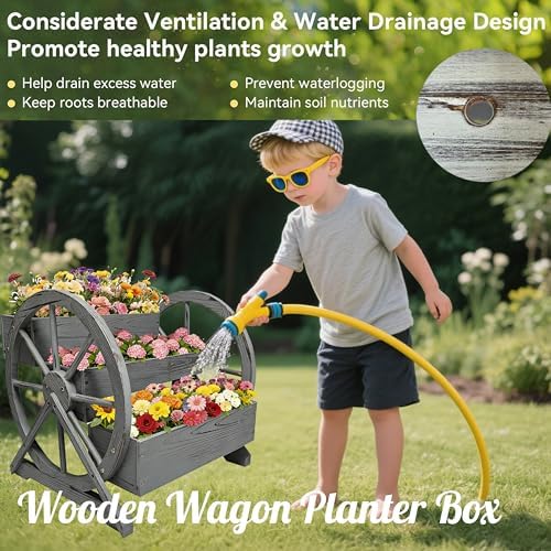 NestNature Wooden Wagon Planter Box|Raised Garden Bed W/Wheels for Plants - Image 7
