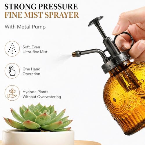 Vintage Glass Spray Bottle with Metal Pump – Retro Embossed Plant Mister, Thick Clear Glass Water Sprayer for Indoor Plants & Home Decor, Refillable Fine Mist Sprayer (3PCS) - Image 4