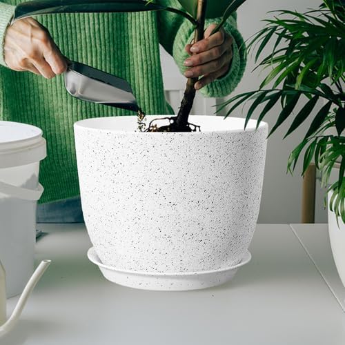 2Pack Large Indoor Planter Pot 12 Inch Plant Pot, Modern Flower Pots for Out Door Plants, Speckled White Plastic Planting Pots with Holes & Trays - Image 6
