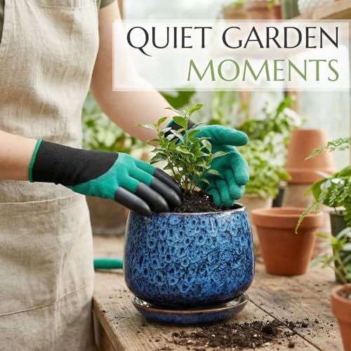 7.5 Inch Flower pots for Indoor Outdoor Plants with Saucer Drainage Leak-Proof Mesh, Ceramic Planter with Gardening Gloves for Succulent and Flower(Peacock Blue) - Image 5