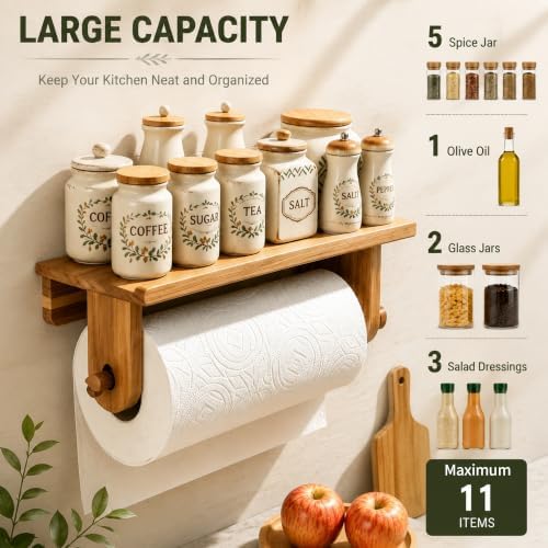 Taozun Acacia Wood Adhesive Paper Towel Holder with Shelf Wall Mount - Image 3