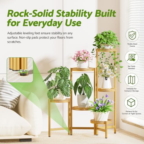 Metal Gold Plant Stand Indoor Outdoor, 6 Tier Tall Flower Pot Holder Potted Display Rack Shelf, Heavy Duty Corner Plant Shelf for Patio Garden Balcony Living Room Bedroom - GoldS - Image 3
