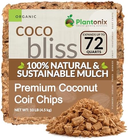 Coco Chips Mulch Brick (10lbs) - 100% Organic Mulch Medium for Garden Beds, Landscaping, & Outdoor Plants - Compressed Coconut Husk Chips - Retains Moisture in Potting Soil & Containers by Plantonix