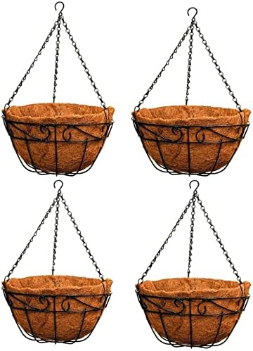 Ashman Metal Hanging Planter Basket with Coco Coir Liner Round Wire Plant Holder Chain Porch Decor Flower Pots Hanger Garden Decoration Indoor Outdoor Watering Hanging Baskets (4) by AshmanOnline