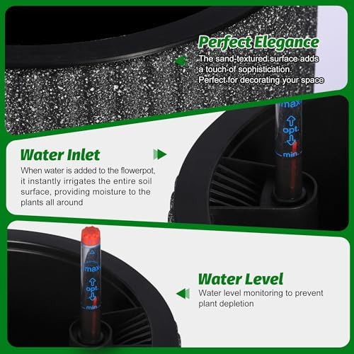 14 Inch Self Watering Planters Set of 2 with Water Level Indicator, Textured Modern Tall Indoor Outdoor Planter Pots, Black Flower Pot with Inner Bucket for Patio, Home, Office - Image 4