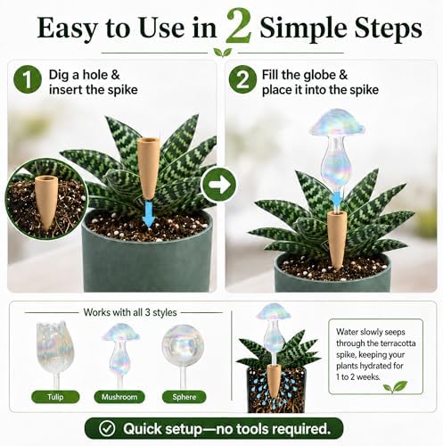 HyJeryty Non-Clogging Iridescent Mushroom Plant Watering Globes with Terracotta Spikes, Hand Blown Glass Self Watering Planter Insert, Watering Bulbs for Indoor Small & Medium Potted Plants (3 Pack) - Image 4