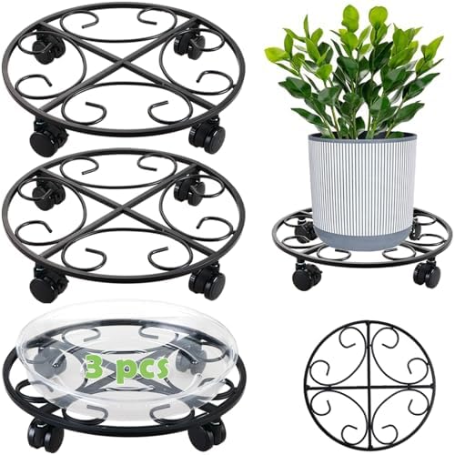 3 Packs 13.5" Metal Plant Caddy with Wheels Large Rolling Plant Stands Indoor Wheeled Plant Dolly Heavy-duty Planter Mover Roller Base Outdoor Plant Trolley Cart Water-proof, Plant Saucers on Wheels by Unknown
