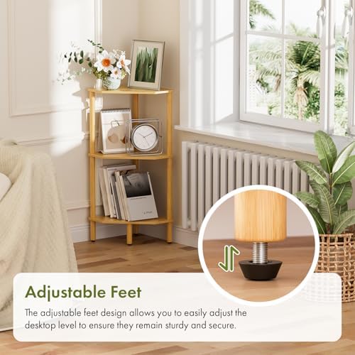 3 Tier Bamboo Corner Shelf, Storage Stand with Adjustable Feet, Small Spaces Corner Bookshelf, Plant Stand, Space-Saving Organizer Shelves, Small Corner Table for Bathroom Kitchen Living Room - Image 5