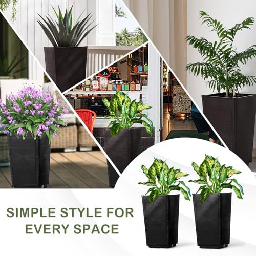 Large Resin Plant Pots,Tall Planter Outdoor Indoor,2 Pack Outdoor Tall Plastic Planter Set, Large Flower Pots with Drainage Holes, for Porch Entryway Patio Yard Garden, Dark Brown - Image 6