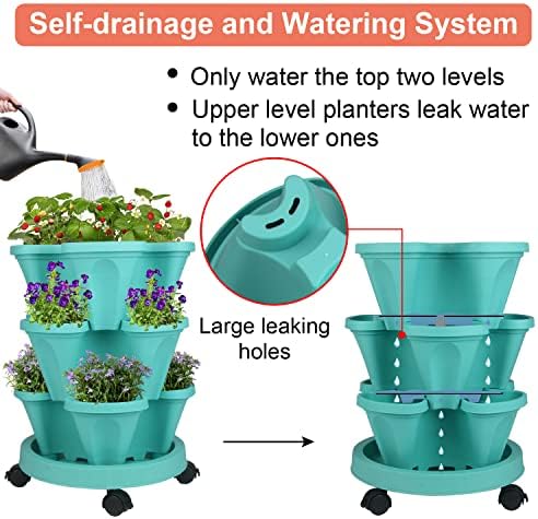 GameXcel Vertical Planter Tower - 3 Tier Stackable Garden Planters with Wheels and Tools Plant Pots for Strawberry Herb Flower and Vegetable Indoor Outdoor Use Teal 2 Pack - Image 4