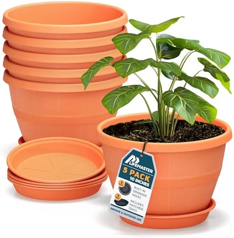 10-Inch Whiskey Barrel Planters Outdoor Pack of 5 - Durable Plastic Plant Pots for Indoor & Outdoor Use with Drainage & Saucer, Lightweight Rustic Barrel Planters for Flowers, Herbs & Small Plants by LIFEMASTER