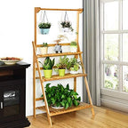 ReunionG 3-Tier Bamboo Plant Stand, Foldable Hanging Flower Plant Shelf, Pot Organizer Display Storage Rack with Adjustable Height Hanger Rod, Planter Ladder Potted Holder for Patio Garden by Unknown