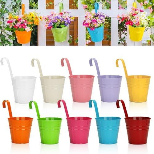 KINGLAKE Flower Pots,10 Pcs Metal Iron Hanging Flower Plant Pot Balcony Garden Plant Planter Baskets Fence Bucket Pots 6.3'' Flower Holders with Detachable Hook by KINGLAKE