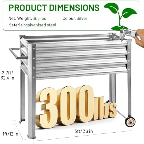 Land Guard 2 Pack Galvanized Raised Garden Bed with Legs & Wheels, 36×12×32in Metal Elevated Raised Planter Box for Backyard, Patio, Balcony, 300lb Capacity, Silver - Image 2