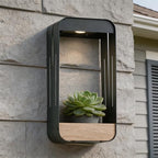Pia Ricco Large Solar Wall Light with Planter Shelf, Extended Outdoor Waterproof Sconce with Woodgrain, Auto On/Off, Black for Garden, Patio, Fence by PiaRicco