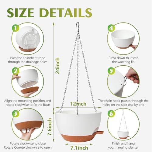 GARDIFE Hanging Planters, Self Watering, White 12 Inch 2 Pack with Drainage - Image 2