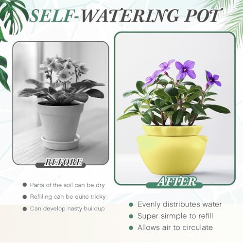 6.3 Inch African Violet Pots, Yellow Self Watering Pot for Indoor Plants, Ceramic Easy Plant Self Watering Pot for Thriving Plant Flower Maintenance - Image 4